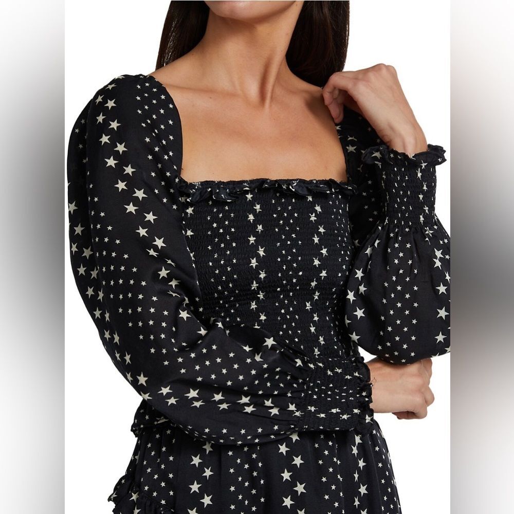 LoveShackFancy Russell Smocked Peasant Top, Black Satin, NWT, Size S
